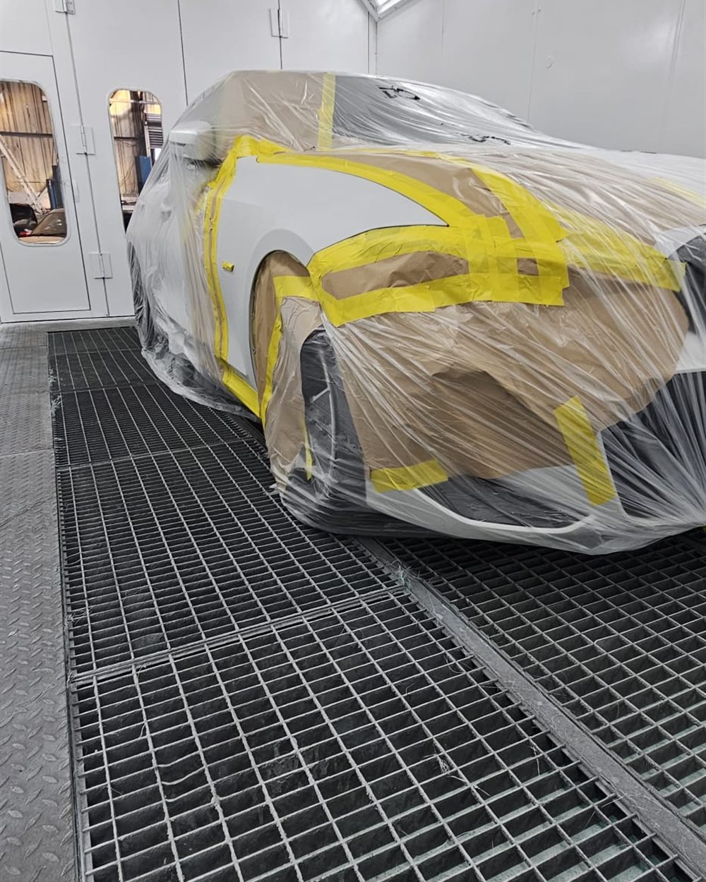 Masking complete and the car ready to go into the booth